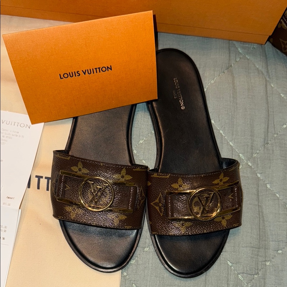 Louis Vuitton Brown and Gold Slide Sandals - Picture 5 of 6